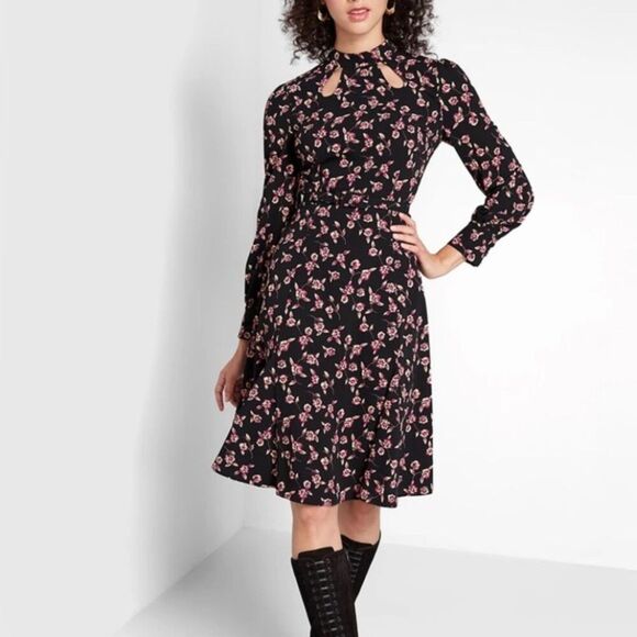 MODCLOTH Enjoy Every Moment Midi Dress Black Floral Long Sleeve Size 22 No Belt - Picture 3 of 12